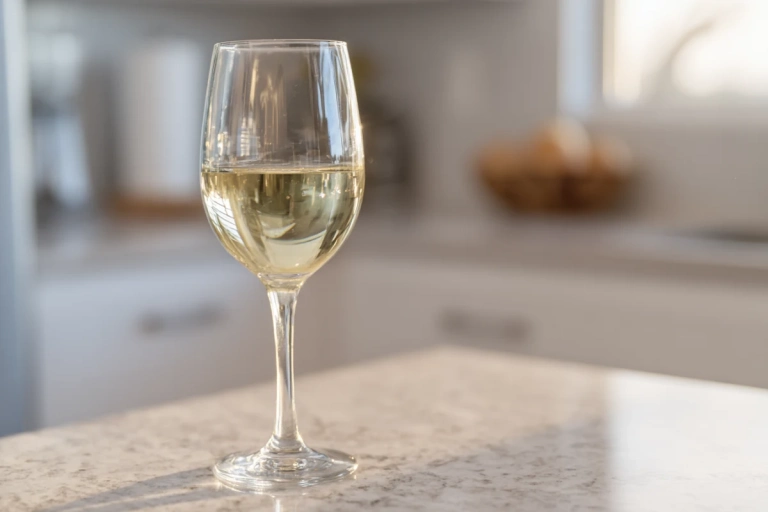 Glas med torrt vitt vin i ljus, blekgul nyans