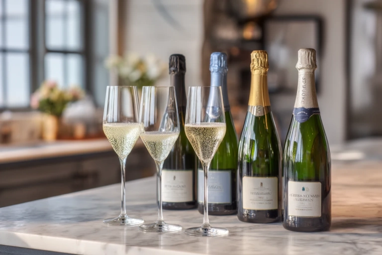 Fyra flaskor cava uppställda på ett bord med glas redo att serveras