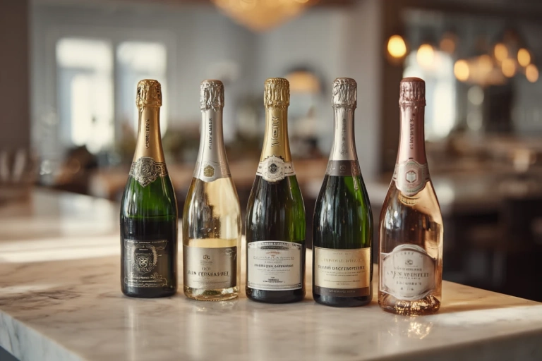 Fem flaskor champagne uppställda på ett bord