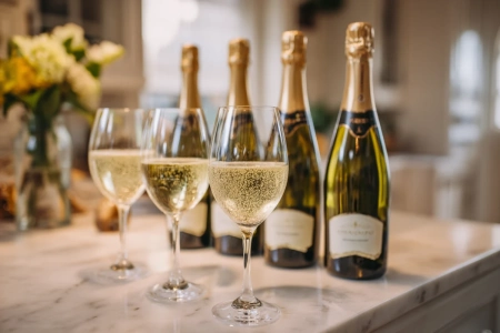 Fem flaskor prosecco uppställda på ett bord med glas redo att serveras