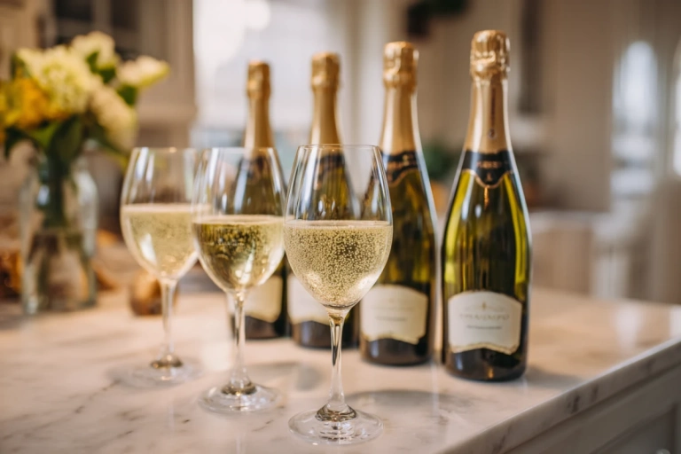 Fem flaskor prosecco uppställda på ett bord med glas redo att serveras