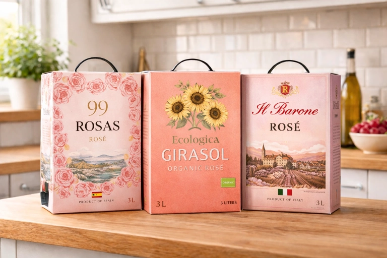 Roséboxar uppställda på ett bord bredvid kylda glas med ljusrosa rosévin