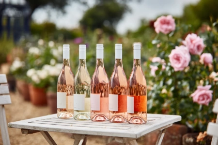 Fem flaskor rosévin uppställda på ett bord i sommarljus