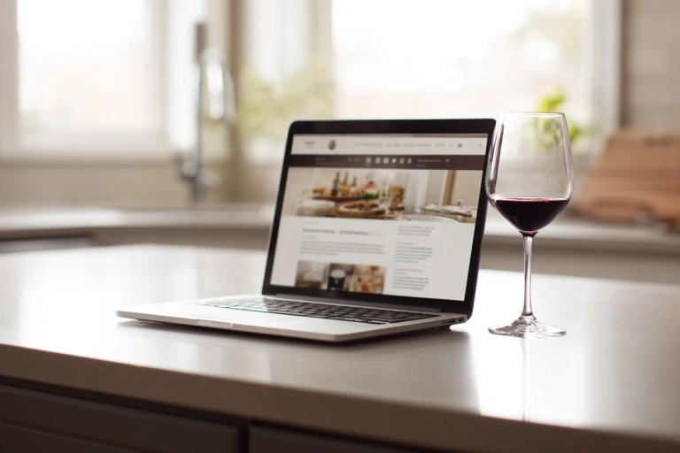 Laptop med svenska vinsajter öppna bredvid ett vinglas på ett köksbord
