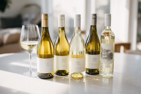 Fem flaskor vitt vin uppställda på ett enkelt bord med ljus bakgrund