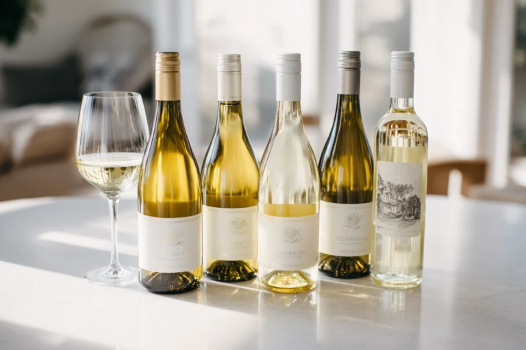 Fem flaskor vitt vin uppställda på ett enkelt bord med ljus bakgrund