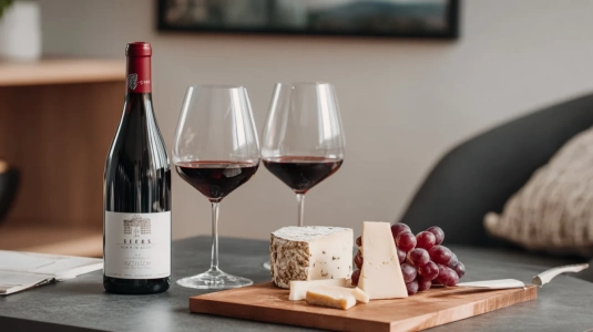 Bouchard Aîné & Fils Pinot Noir bredvid en ostbricka