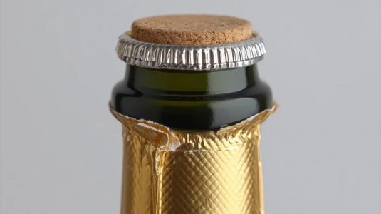 Champagneflaska med folien bortskalad och synlig söm längs glaset