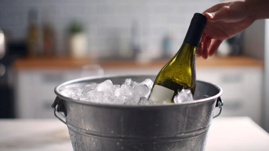Vinflaska i isbad med vatten och is för snabb kylning