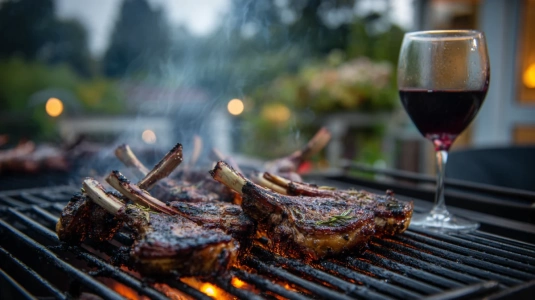 Grillat kött på en utegrill med ett glas mörkt rött vin i förgrunden