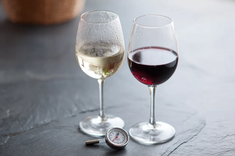 Vinglas med rött och vitt vin vid olika serveringstemperaturer