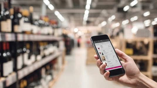 Mobiltelefon med Systembolagets app öppen och filter för rött vin