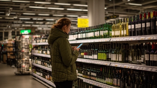 Person som läser på mobilen framför Systembolagets vinhylla