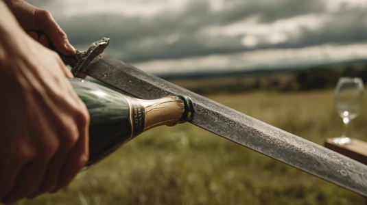 Sabelns rygg glider längs champagneflaskans söm mot glaskragen