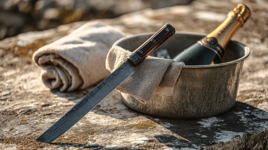 Champagnesabel, kall champagneflaska i isbad och handduk redo för sabrering