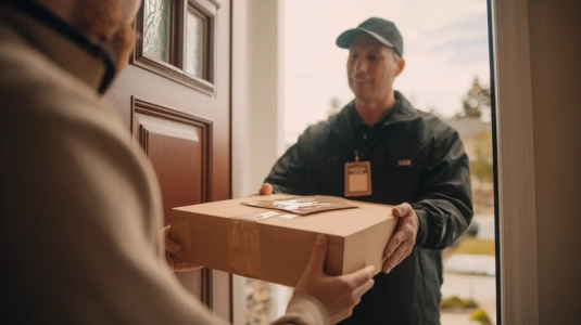 Leveransbud kontrollerar ID vid dörren för vinleverans