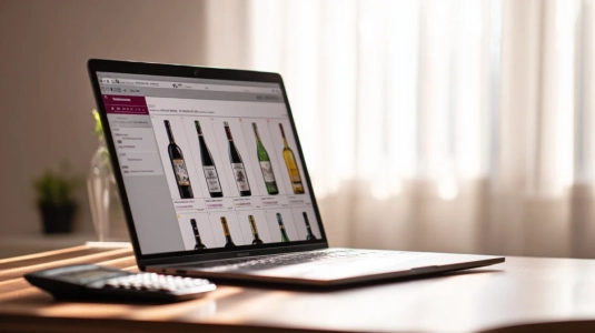 Laptop med europeisk vinbutik öppen och en kalkylator bredvid