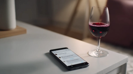 Smartphone med vinbutikens chattfunktion öppen bredvid ett vinglas