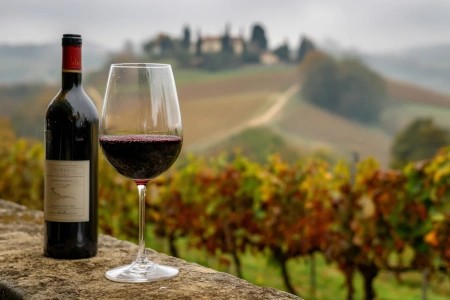 Barolo-vin i glas bredvid flaska mot bakgrund av Piemontes vingårdar