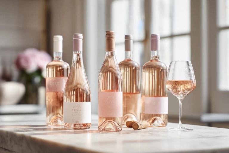 Fem flaskor rosévin uppställda på ett ljust bord