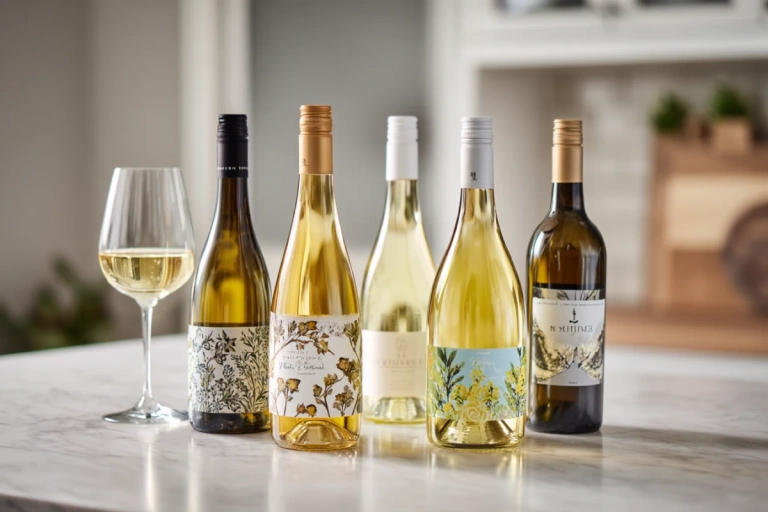 Fem flaskor vitt vin uppställda på en enkel yta