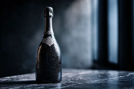 Exklusiv champagneflaska i närbild mot mörk bakgrund