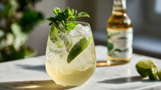 Hugo Spritz med myntablad och limeskiva i vinglas