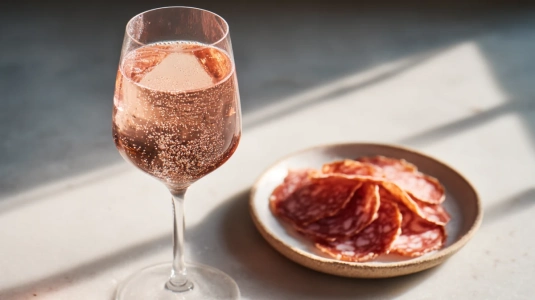 Ljust rosa Lambrusco di Sorbara i glas bredvid italienskt charkuteri