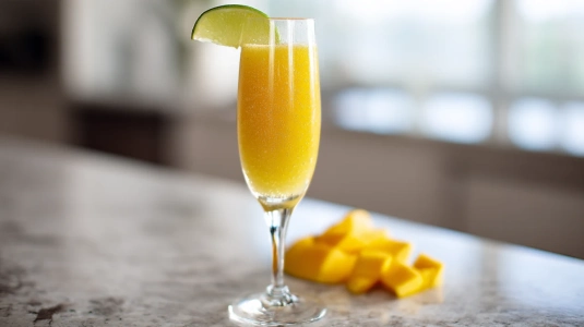 Mango-bellini med mangopuré och lime i champagneglas