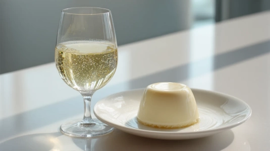 Glas Moscato d'Asti bredvid en pannacotta-dessert