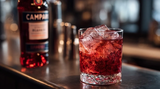 Negroni Sbagliato i rocks-glas med is och röd vermouth