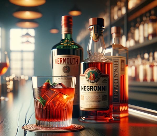 Negroni drink med en flaska Vermouth and Campari bredvid