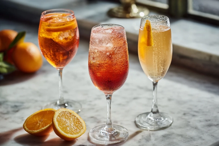 Tre olika prosecco-drinkar uppställda på ett bord med isbitar och färsk frukt