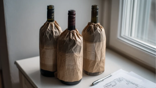 Vinflaskor med övertäckta etiketter förberedda för blindprovning