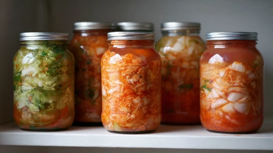 Glasburkar med kimchi under fermentering på en kökshylla