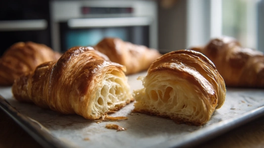 Nygräddade croissanter med synliga lager på en plåt