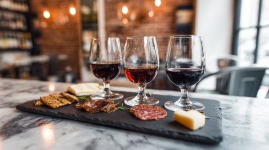 Vinflight med tre glas på bardisken i Lilla Vinbaren nära Lilla Torg