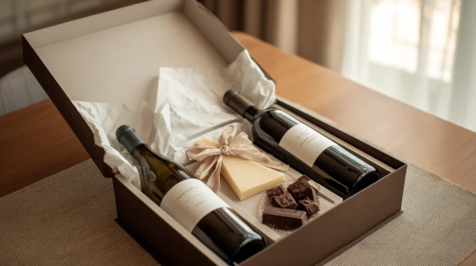 Vinpresentbox med flaskor, ost och choklad