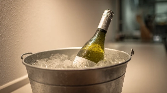 Vinflaska som kyls i ett isvattenbad i en hink