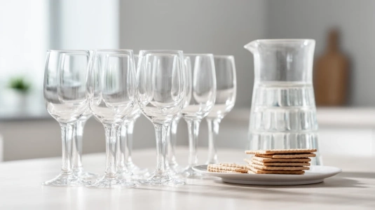 Flera tomma vinglas uppradade bredvid vattenkaraff och kex