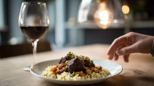 Tallrik med lammgryta bredvid ett glas rödvin vid middagsbordet