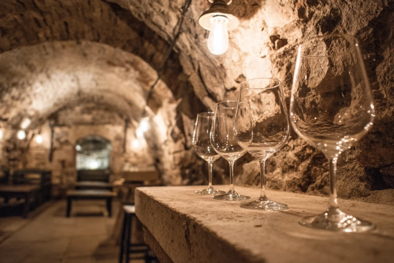 Vinglas uppradade för vinprovning i en valvkällare i Gamla stan, Stockholm