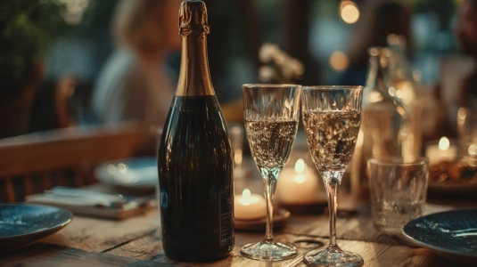 Mörk flaska med kork och champagneglas vid ett dukat bord under en fest