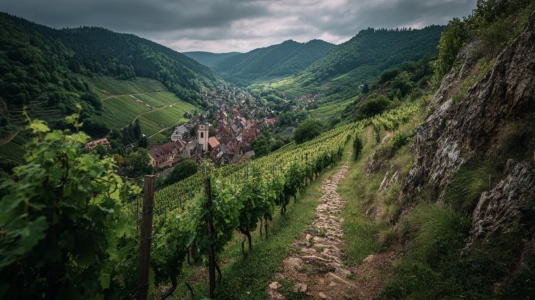 Branta vinodlingar vid Kaysersberg med granitjord i Alsace