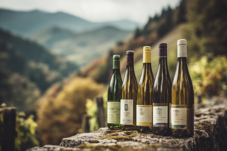 Rad av Alsace-vinflaskor med typiska smala flaskformer mot bakgrund av vinodlingar