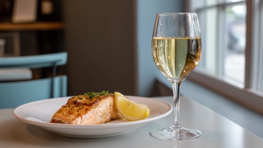 Glas med ljust vitt vin bredvid en tallrik med lax och citron