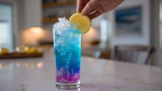 Blå gin fizz i högt glas med citronskiva som pressas i