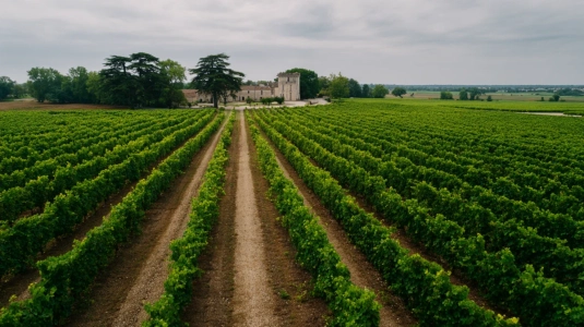Vinodlingar längs Gironde-floden i Bordeaux med gröna vinstockar i rader