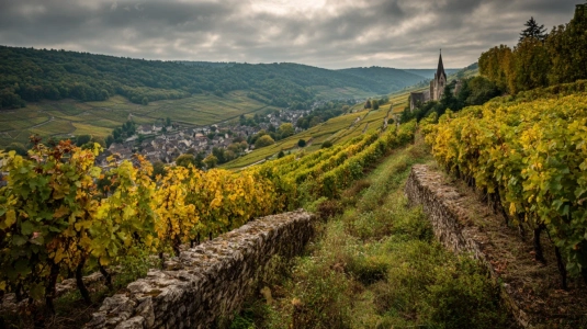 Bourgogne-vingård med stenmurar som markerar olika appellationer