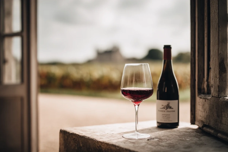 Glas rött bourgogne vin bredvid en flaska på ett enkelt bord